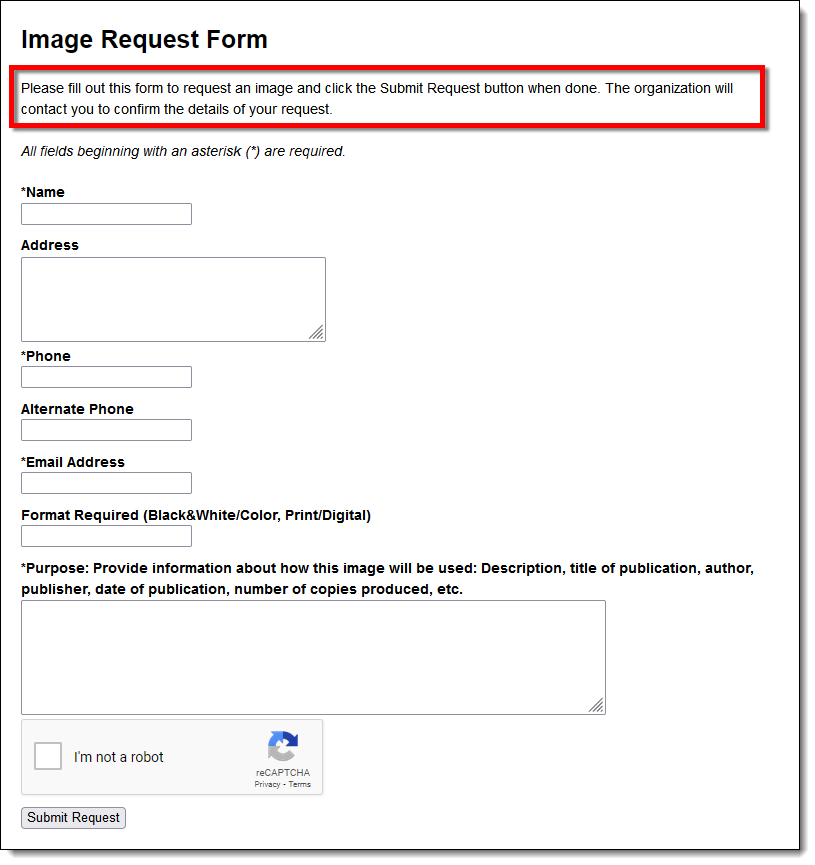 Image Request Form highlighting the Image Order Header text
