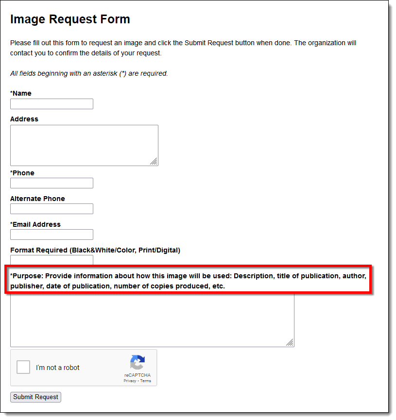 Image Request Form highlighting the Image Purpose Description text