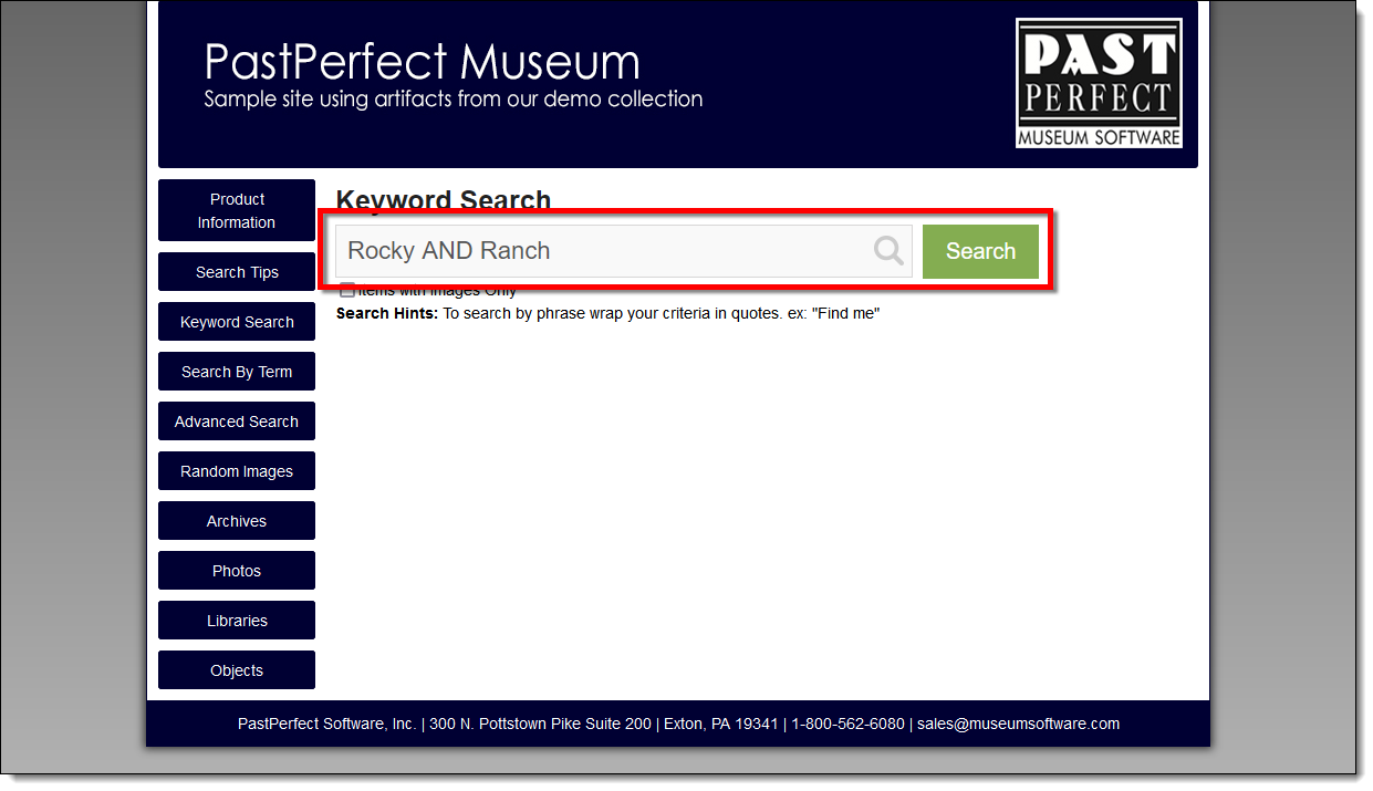 Search screen to enter in search criteria using 'and' connections.