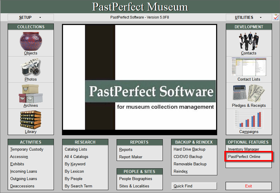Main Menu of PastPerfect highlighting the PastPerfect-Online button