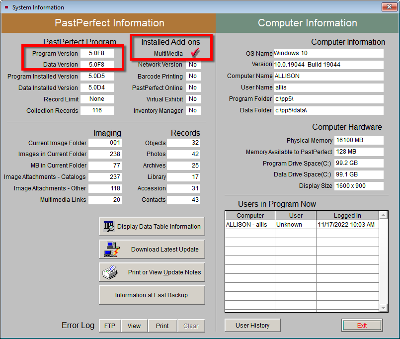 PastPerfect System Information Screen.