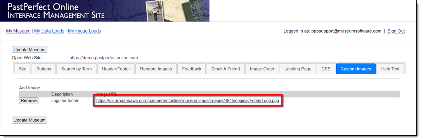 Custom Images tab of IMS with image URL highlighted.