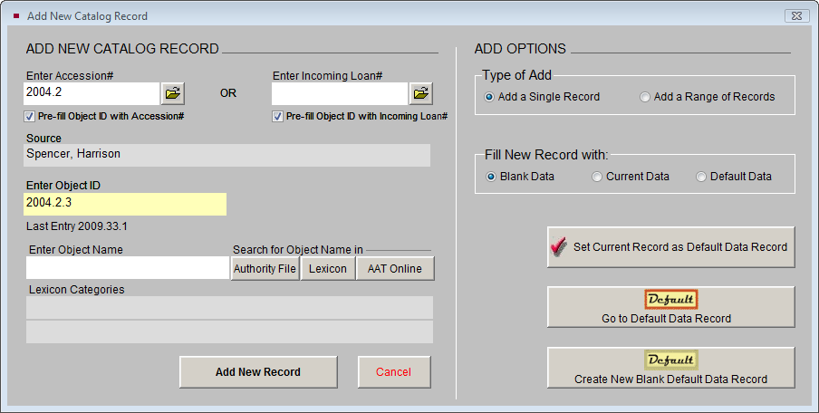 Add New Catalog Record screen