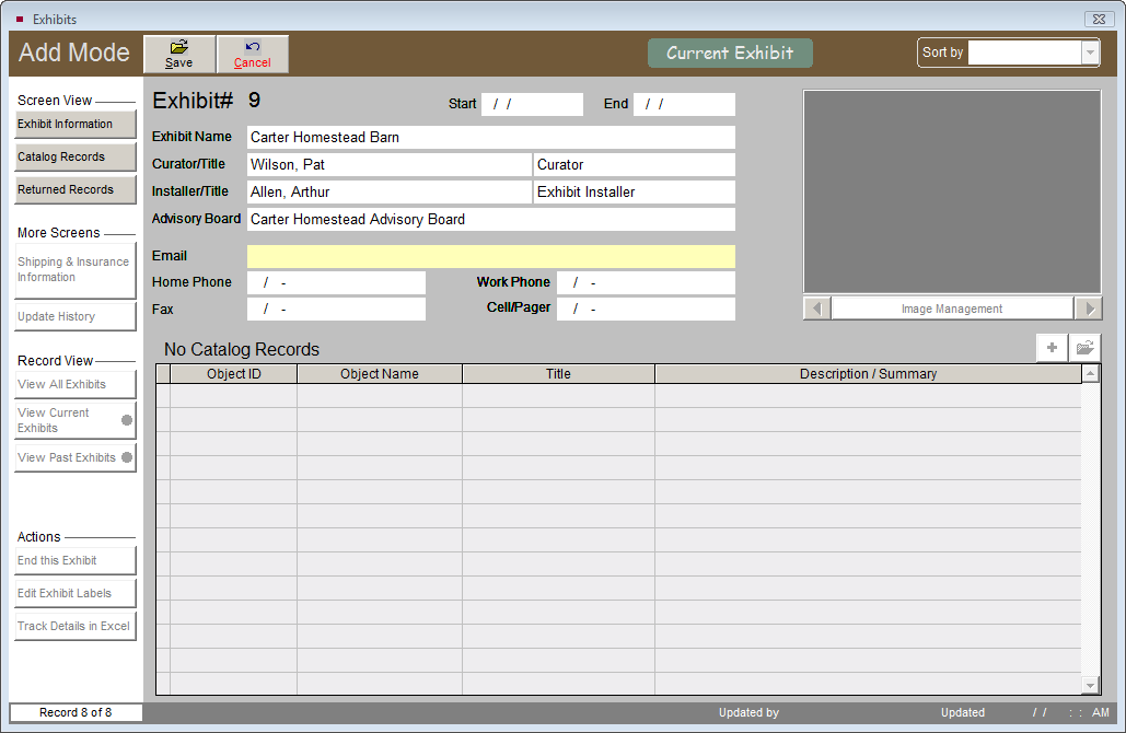 screenshot showing data entry screen for Exhibits.