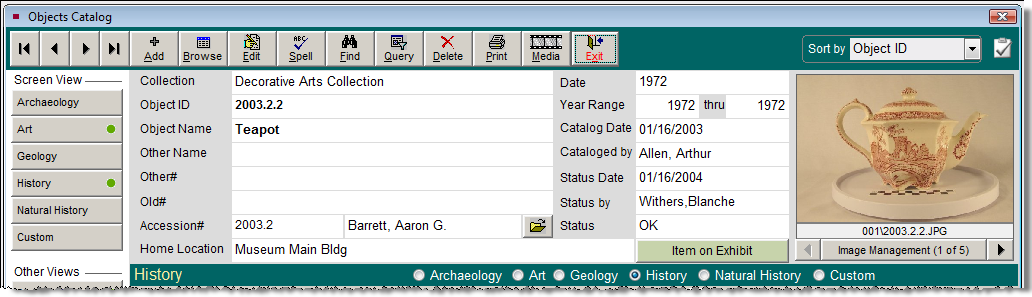 Upper portion of catalog record displaying the Item on Exhibit flag.