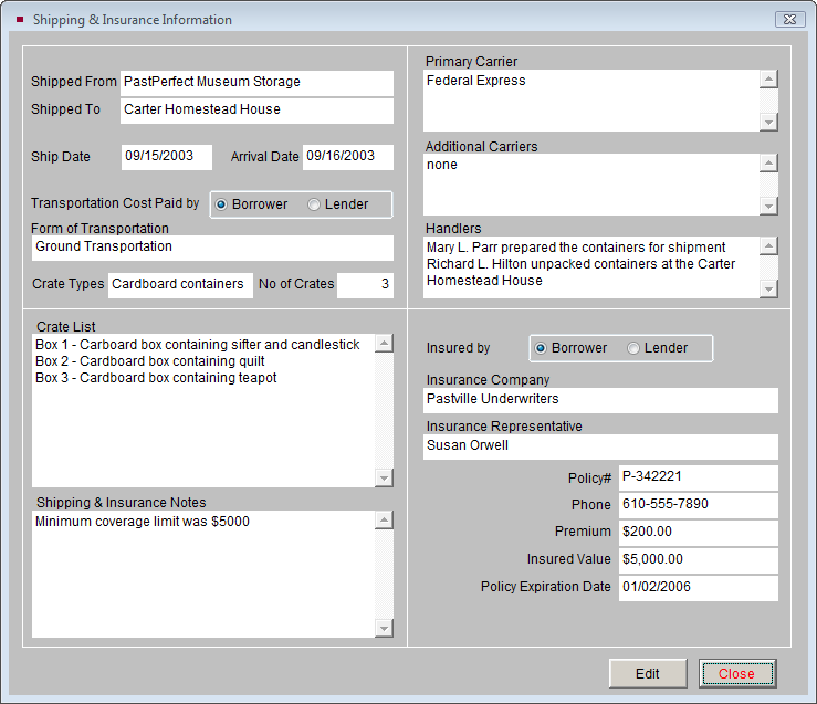Shipping & Insurance Information screen