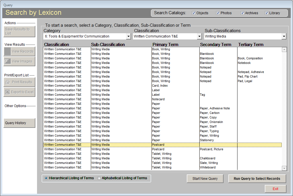 Lexicon screen showing Hierarchical List with categories showing.