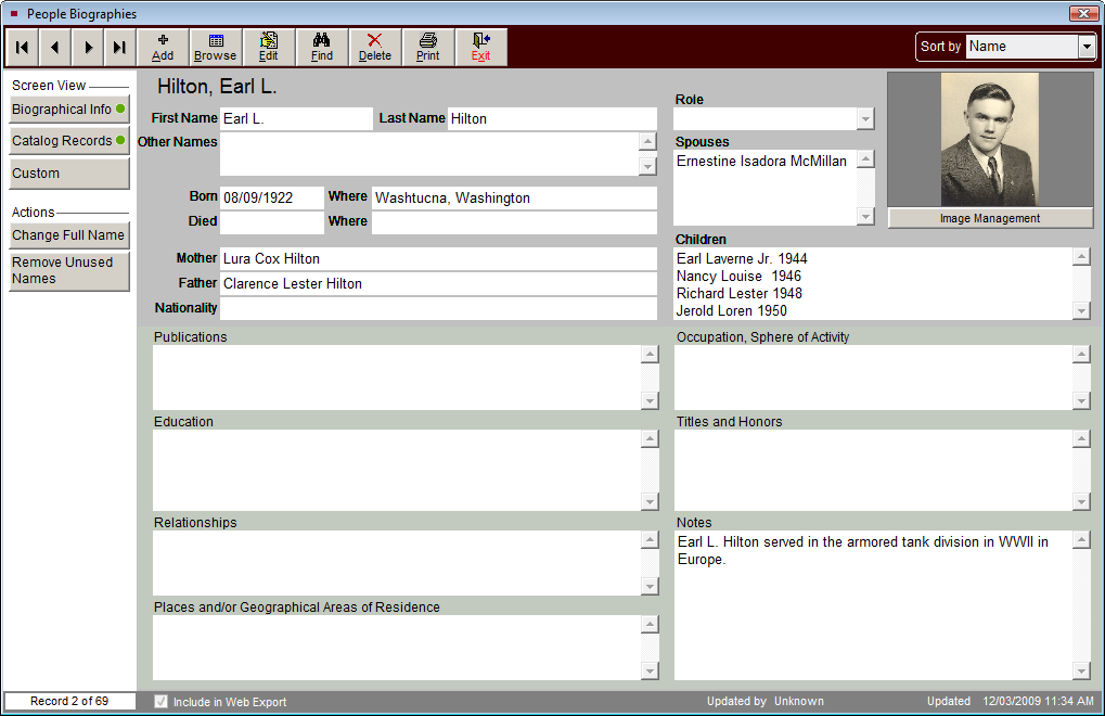 Detailed People Biography screen.