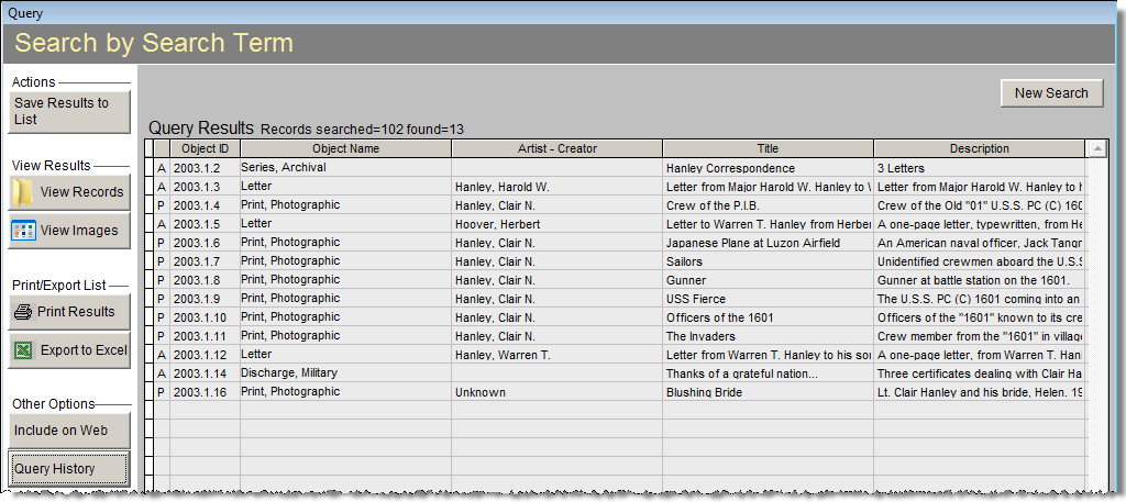 Search results screen showing records with matching search term.