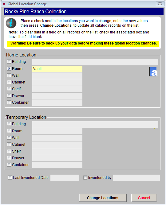 Global Location Change screen allowing home location updates for all records on the list.