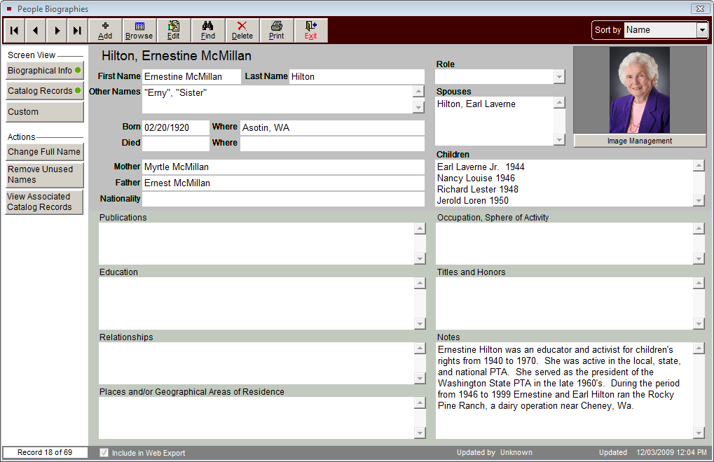 Sample People Biography screen.