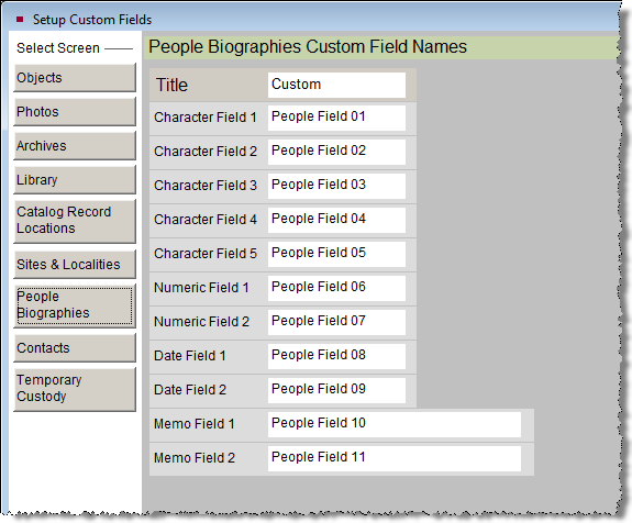 Setup custom fields screen where names of custom fields can be altered.