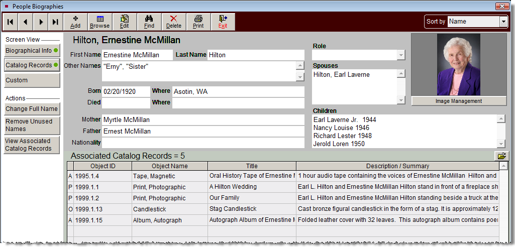 Poeple Biographies Catalog Records screen view example.