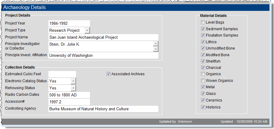 Archaeology Details Screen View showing more information about the site contents.