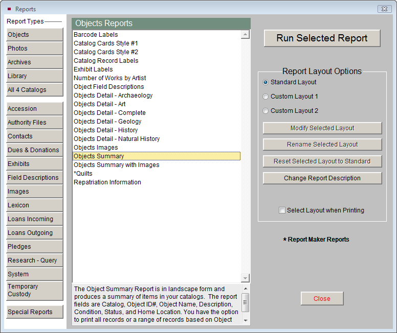 Reports screen as accessed from the main Menu and selecting a database