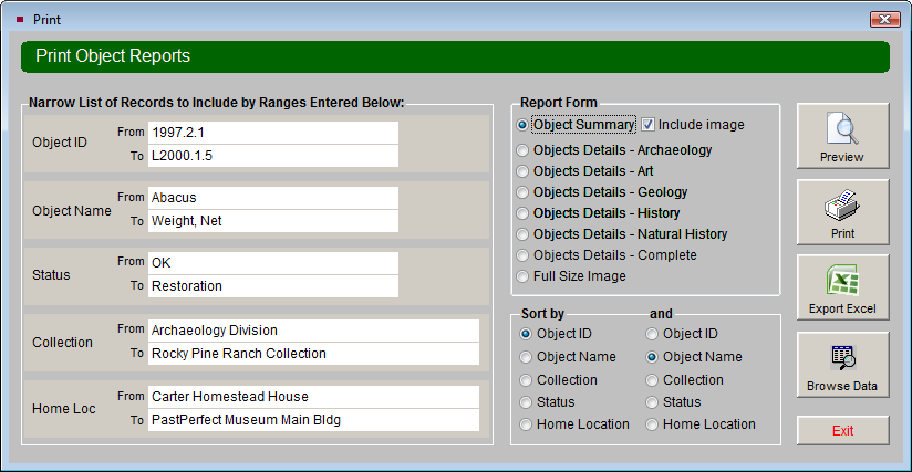 Screenshot of Print screen where you can narrow ranges.