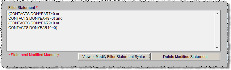 details of filter with note stating the Statement Modified Manually.