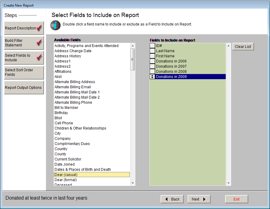 Select Fields to Include on Report screen allows to select and order fields.