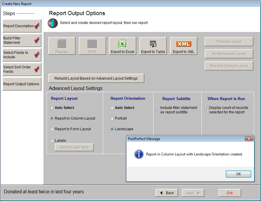Report Maker Report Output Options screen