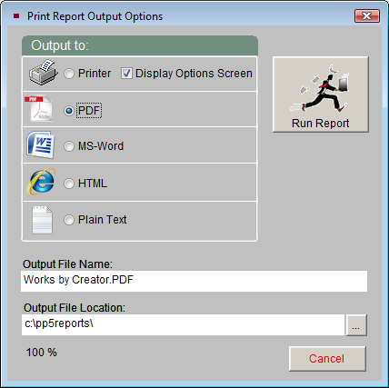 Report output options screen with PDF selected.
