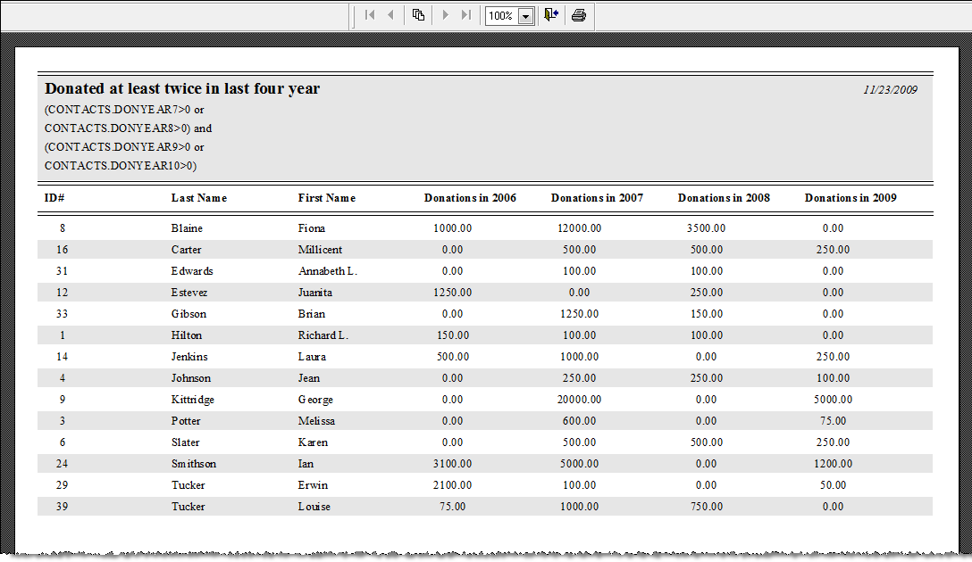 Preview of a column layout report