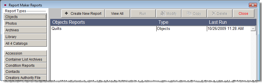 Report Maker Reports screen with Create New Report selected.