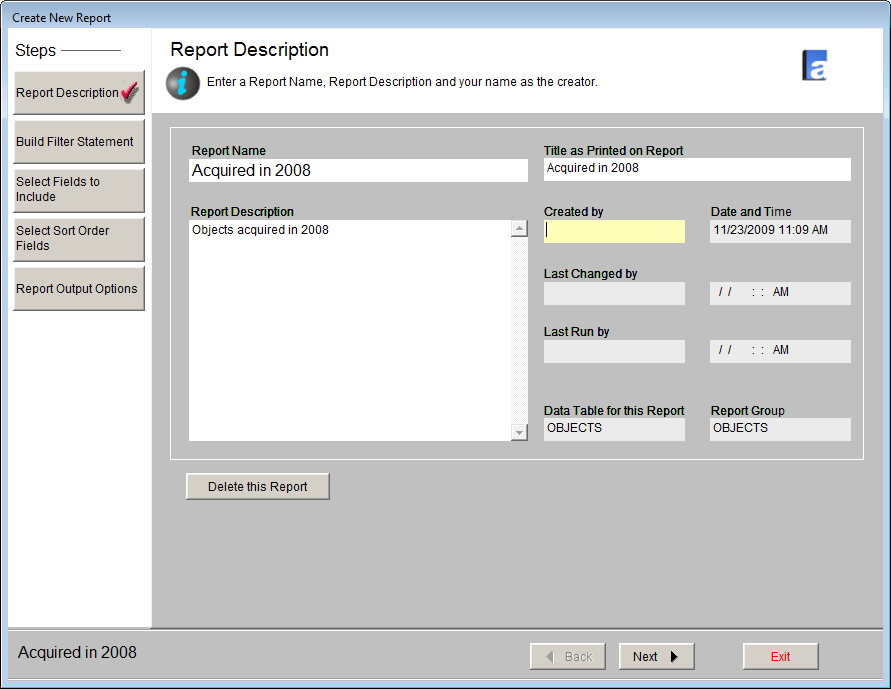 Screenshot of the report description screen.