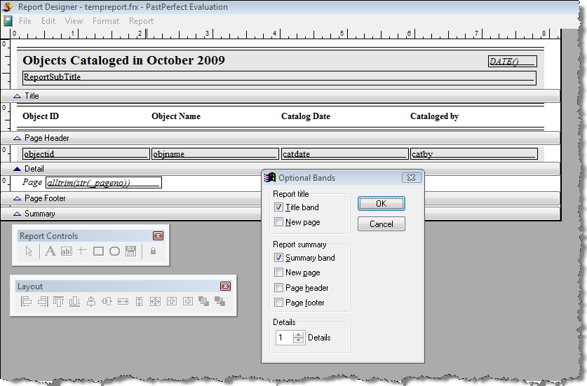 image of the Report Designer screen with the Option Bands screen