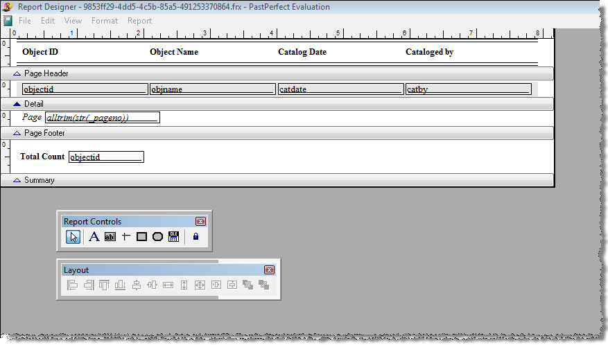 image of the Report Designer screen with a report with the object ID in the Summary Band