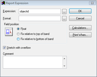 image of the Report Expression screen with Object ID in the Expression field