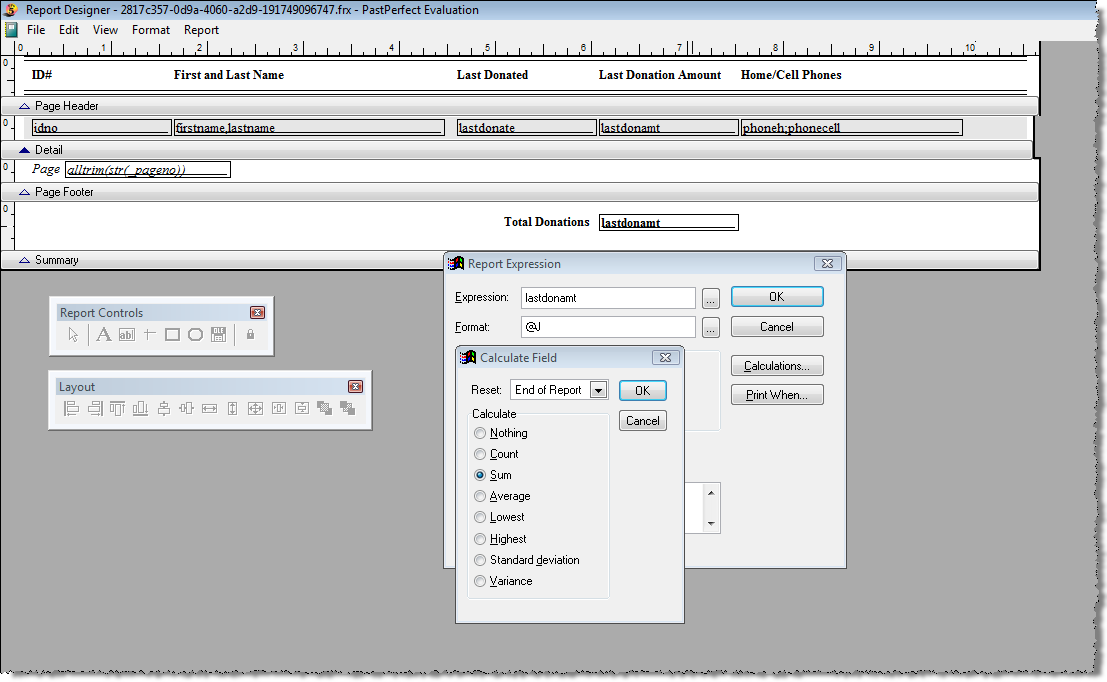 Image of the Report Designer screen with the report expression and calculate field screens open