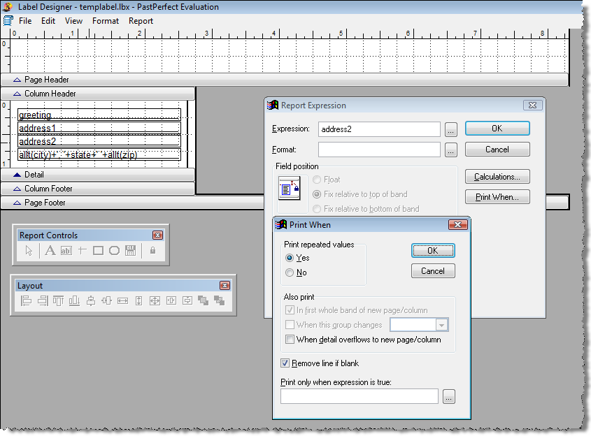 image of the Label Designer screen with report expression and print when open
