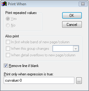 image of the Print When screen with curvalue>0 in the Print only when expression is true