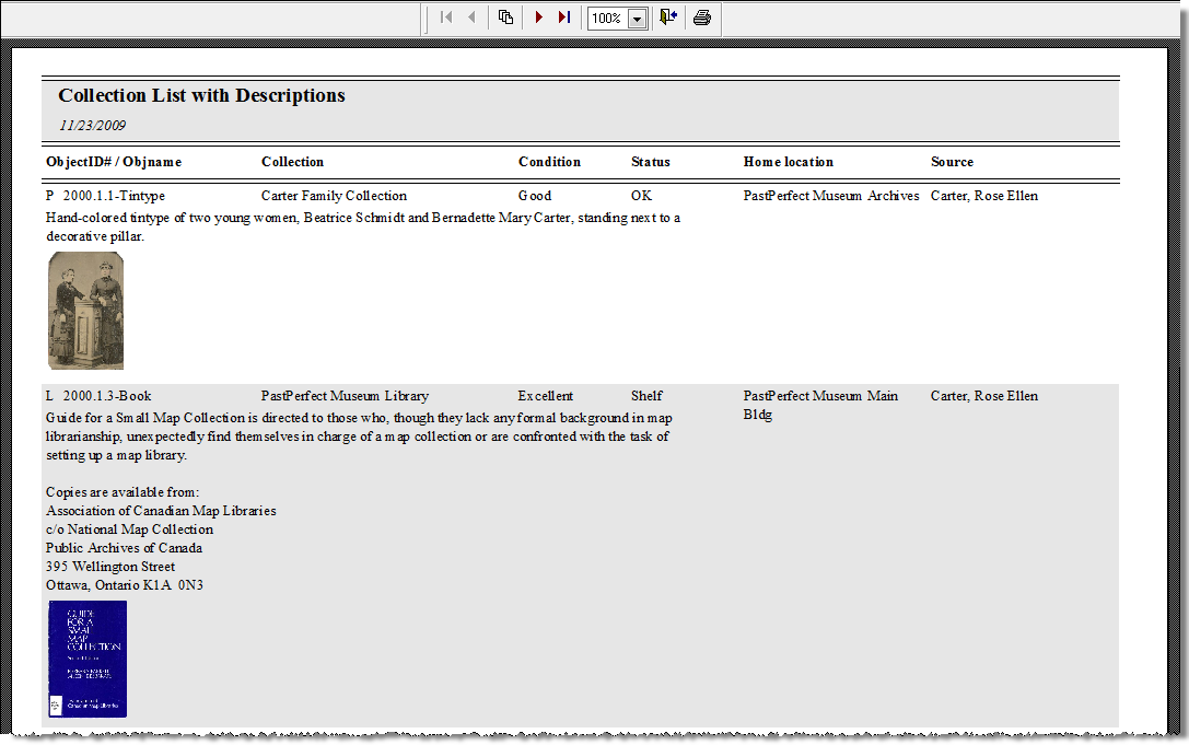 Preview of the Modified Collection List with Descriptions report