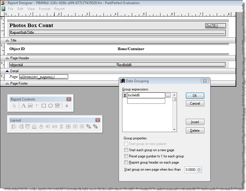image of the Report Designer screen with the Data Grouping screen with locfield6 filled in