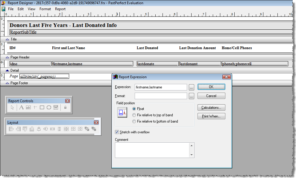 image of the Report Designer screen with the Report Expression screen open