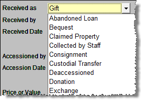 screenshot of Received As drop down list