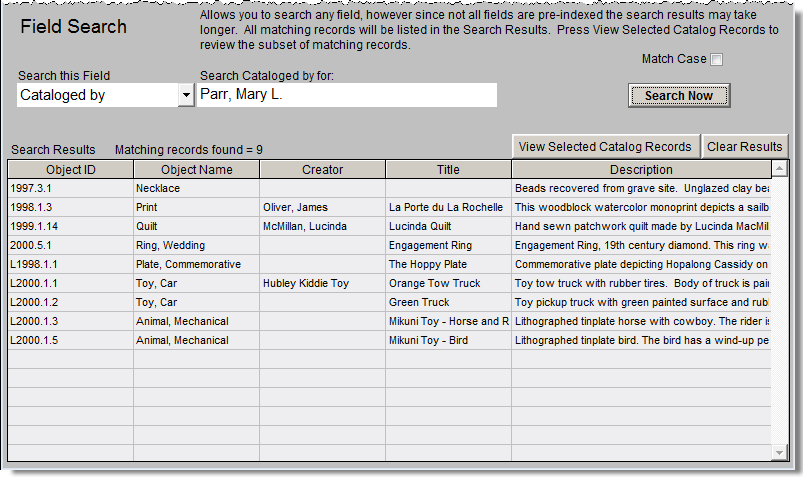 Screenshot of Field Search screen