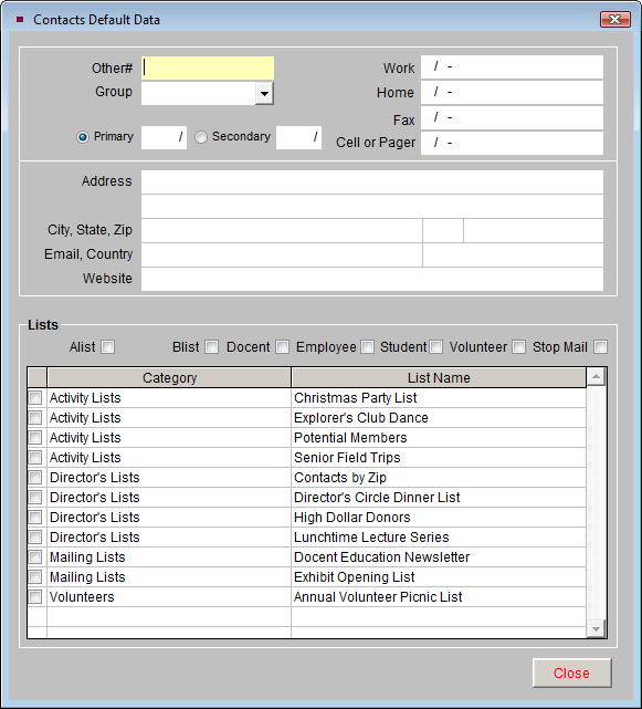 image of the Contacts Default Data screen