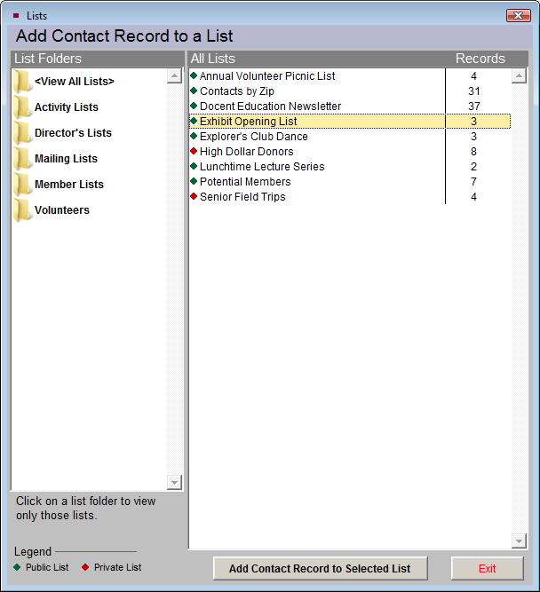 image of the Add Contact Record to a List screen