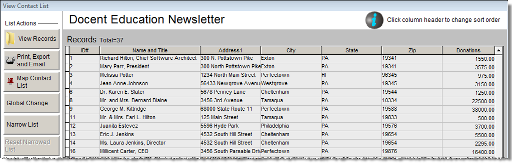 image of the View Contact List screen