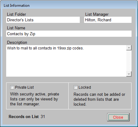 image of the List Information screen