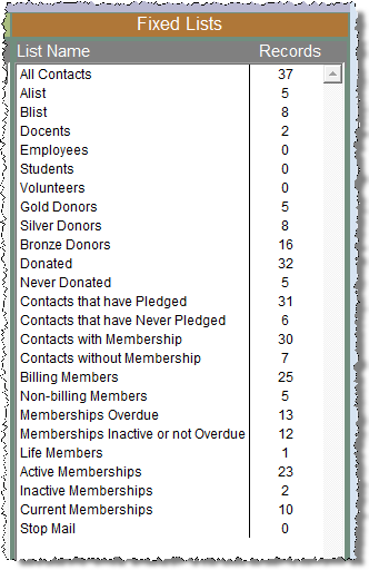 detail image of the Fixed Lists section of the Contact Lists screen