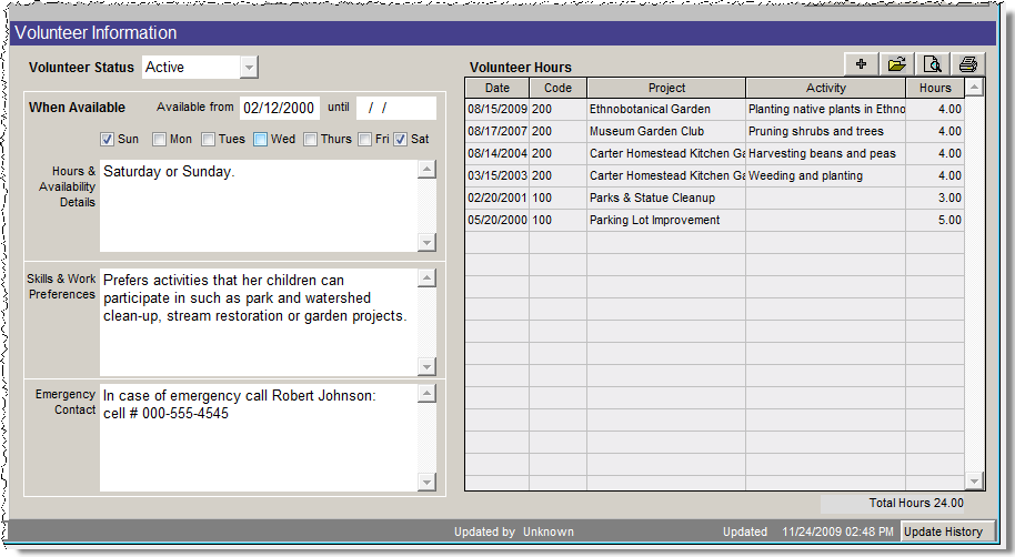 detail image of the Volunteer Information screen view of the Contacts screen