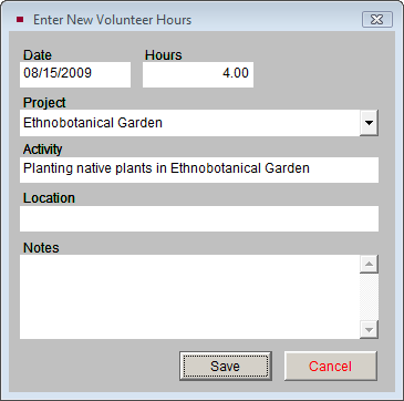image of the Enter New Volunteer Hours screen