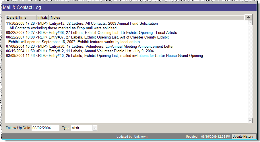 detail image of the Mail & Contact Log section of the Contacts screen