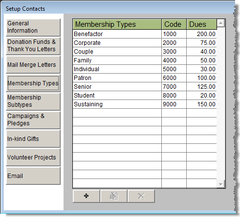 image of the Setup Contacts Membership Types screen