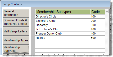 image of the Setup Contacts Membership Subtypes screen