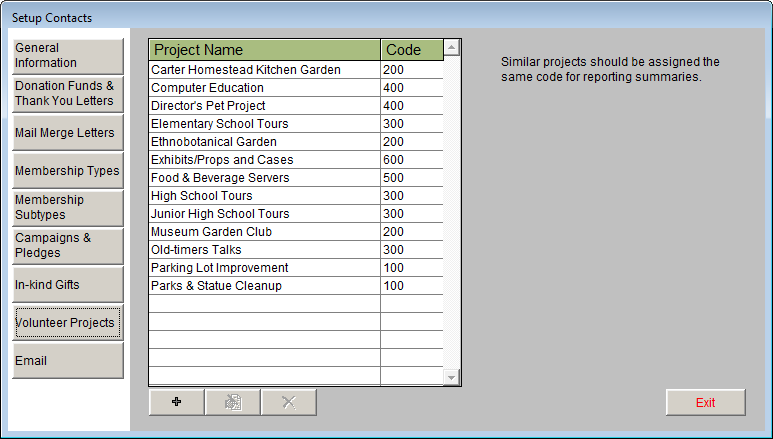 image of the Setup Contact Volunteer Projects screen