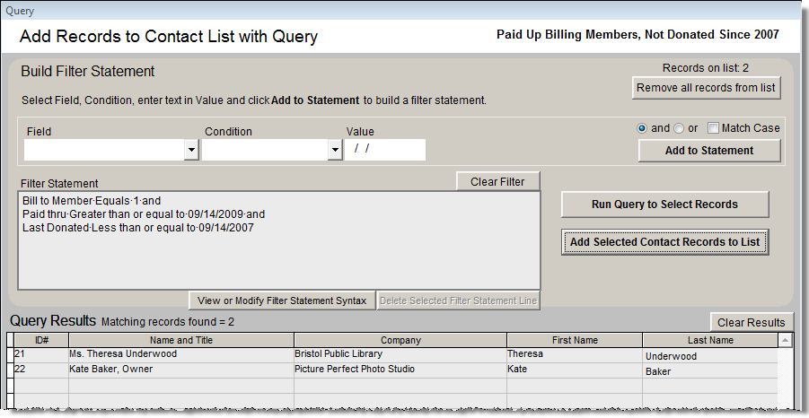 image of the Query screen with 2 records listed in the Query Results section